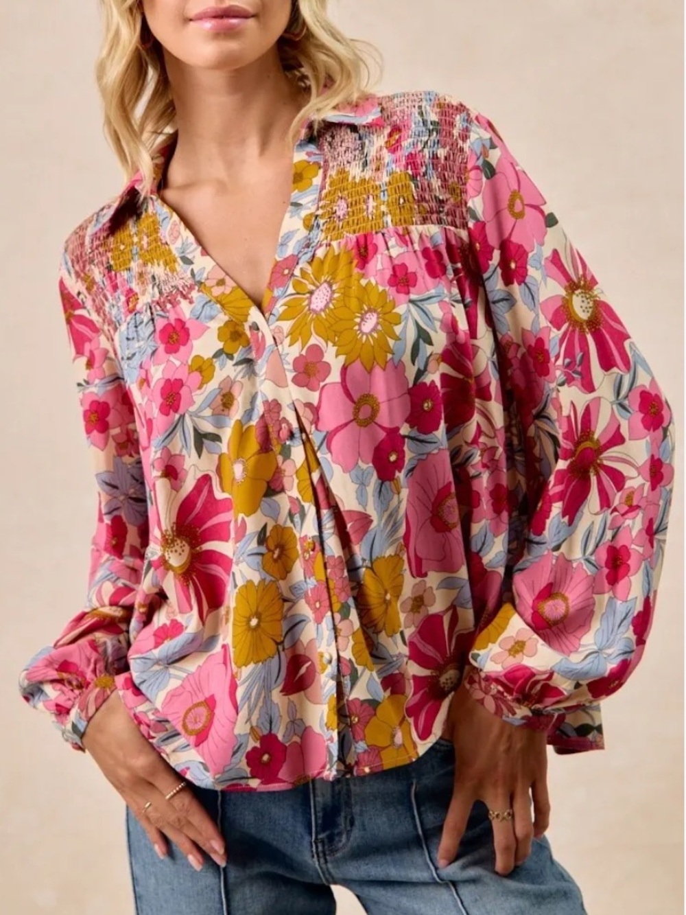 Bibi Flower Child Pink Floral Boho Blouse With Smocking New Nwt Size Large